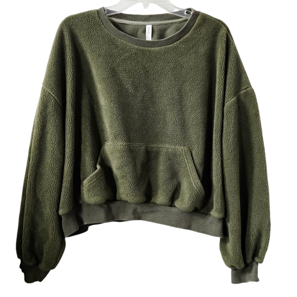 NAP Loungewear Olive Green Cropped Fleece Sweatshirt Kangaroo Pouch Pocket Sz S